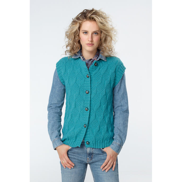 Grüne Weste aus Aparta-Nova, mit Knöpfen und strukturiertem Muster.