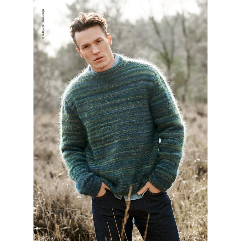 Dunkelblauer Herrenpullover aus Fashion Meri Mohair Print mit strukturiertem Muster.