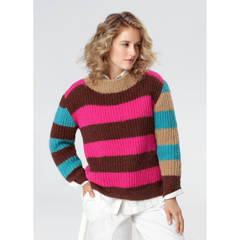 Gestreifter Pullover aus Fenella in Braun, Pink und Blau mit Rundhalsausschnitt.