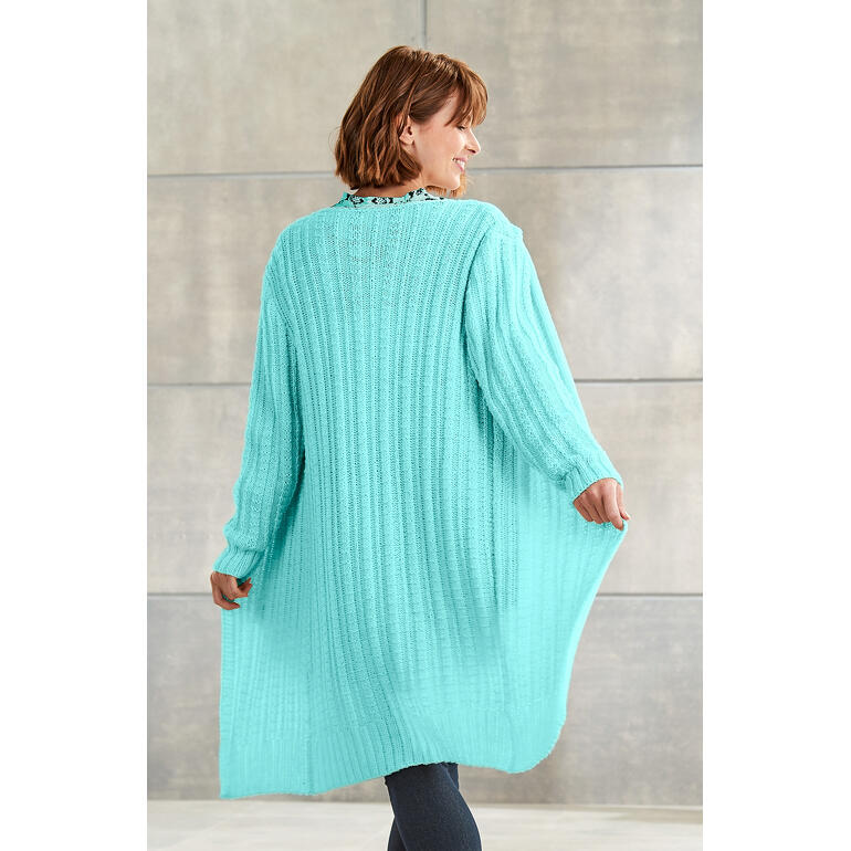 Weiß-blauer Mantel aus Merino-Extrafein mit hüftlangem Schnitt.