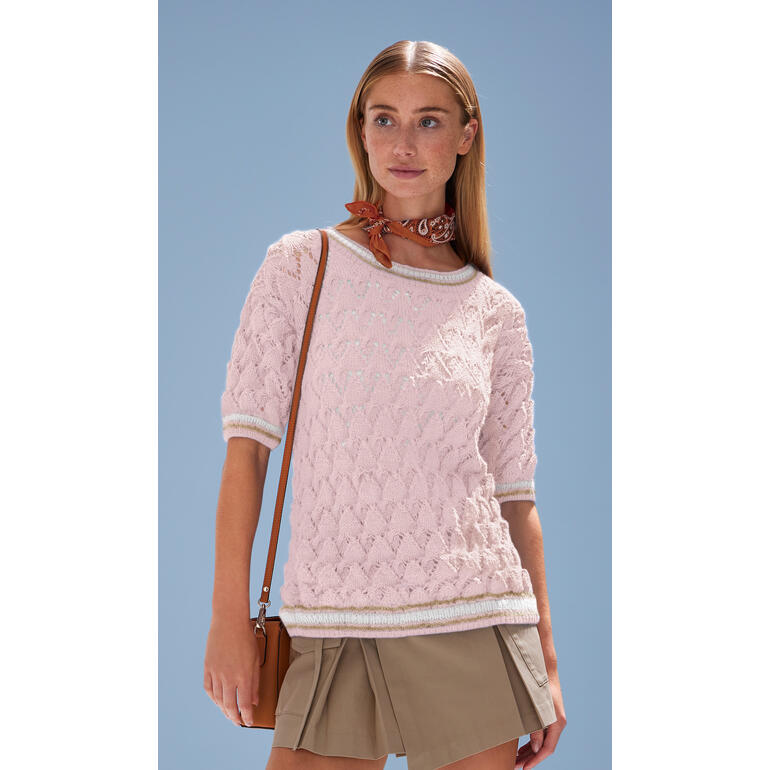 Rosa Kurzarm-Pulli aus Babyboomer mit strukturiertem Design und Rundhalsausschnitt.