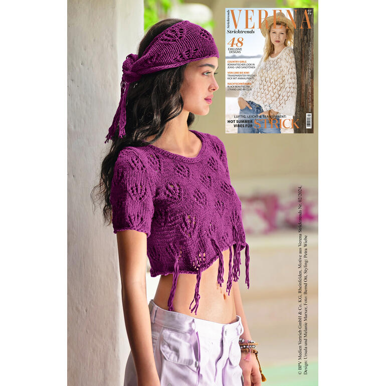 Lila Top mit Stirnband aus Bandana, Modell von Junghans-Wolle.