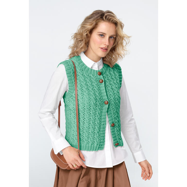 Grüne Weste mit Knöpfen, Modell aus Nuovo Merino 120 von Junghans-Wolle.
