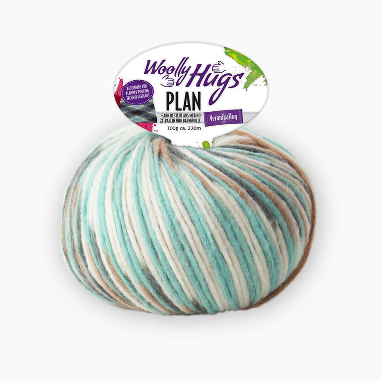 Türkis-beige-braune Plan Wolle von Woolly Hugs in einem runden Knäuel.