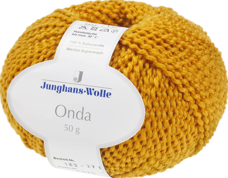 Gelbe Onda Wolle von Junghans-Wolle in einem runden Knäuel.