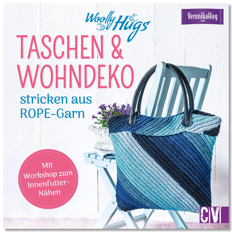 Buchcover von 'Woolly Hugs Taschen & Wohn-Deko stricken', zeigt ein kariertes Design und eine gestrickte Tasche.