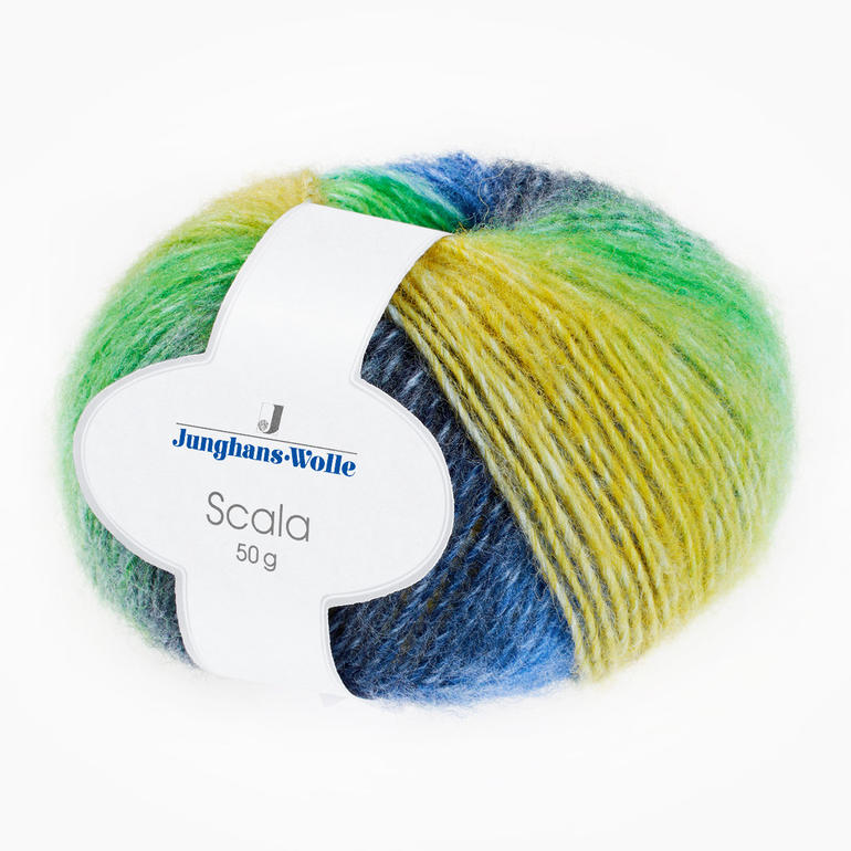 Scala von Junghans-Wolle, in bunten Farben, auf hellem Hintergrund.