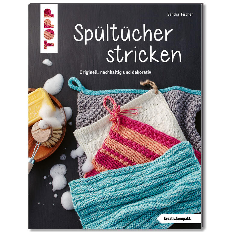 Buch über das Stricken von Spültüchern, farbenfrohe Designs auf einem Holzuntergrund