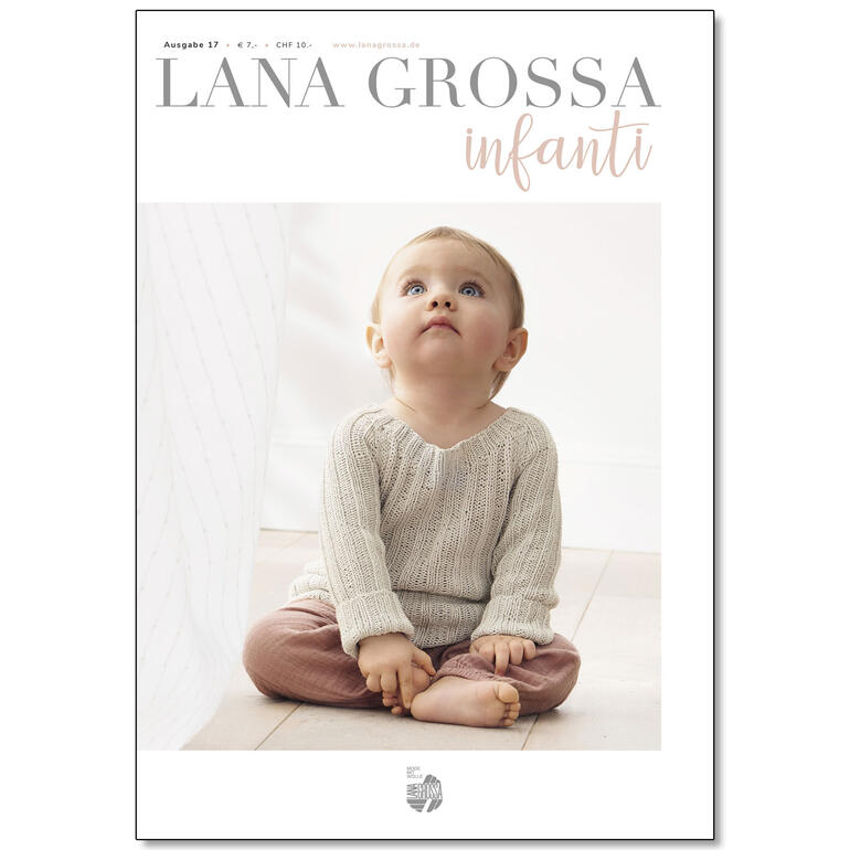 Heft 'Lana Grossa Infanti No. 17' mit einem Baby in einem gestrickten Pullover.