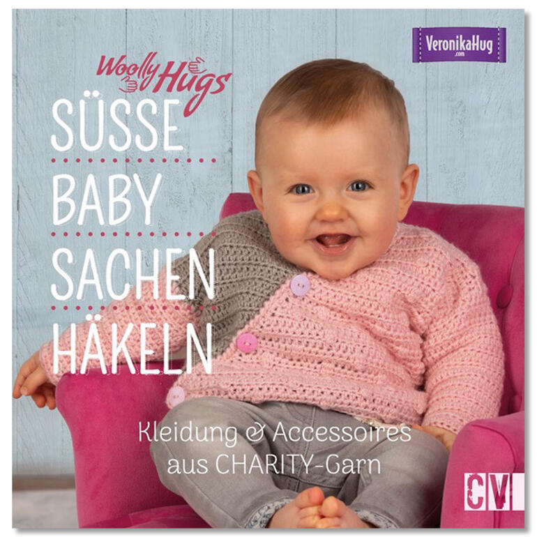 Buchcover 'Woolly Hugs Süße Babysachen häkeln' mit einem lächelnden Baby.