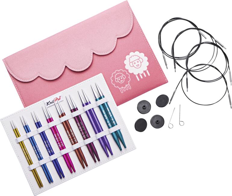 KnitPro Zing Rundstricknadel-Set in rosa Tasche mit verschiedenen Nadeln.