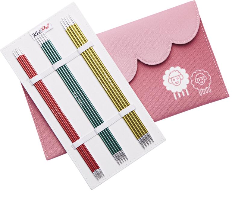KnitPro Zing Nadelspiel-Set in rosa Tasche mit bunten Nadeln.