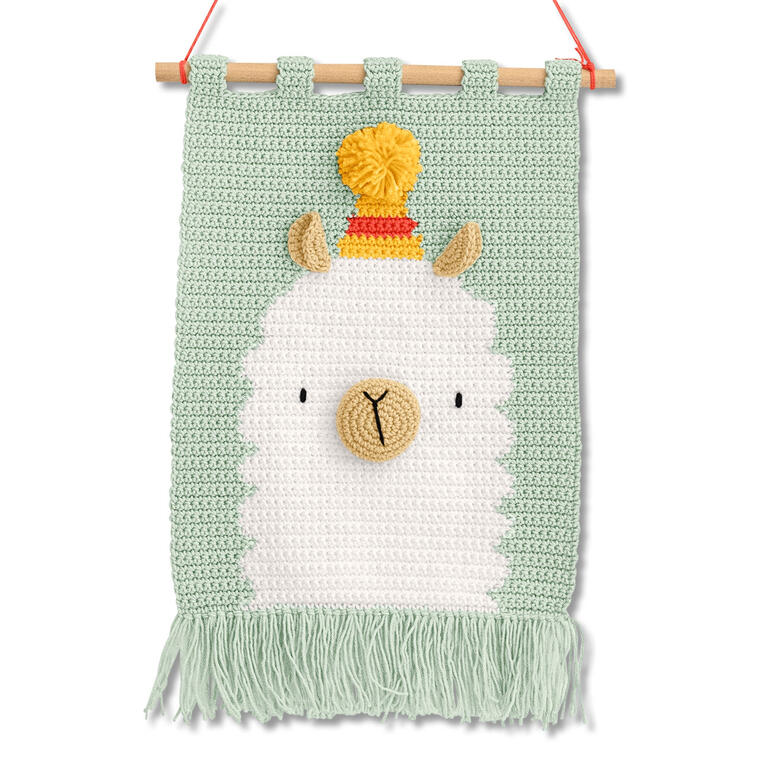 Wandbehang Lama, gehäkelter Wandteppich mit Lama-Motiv