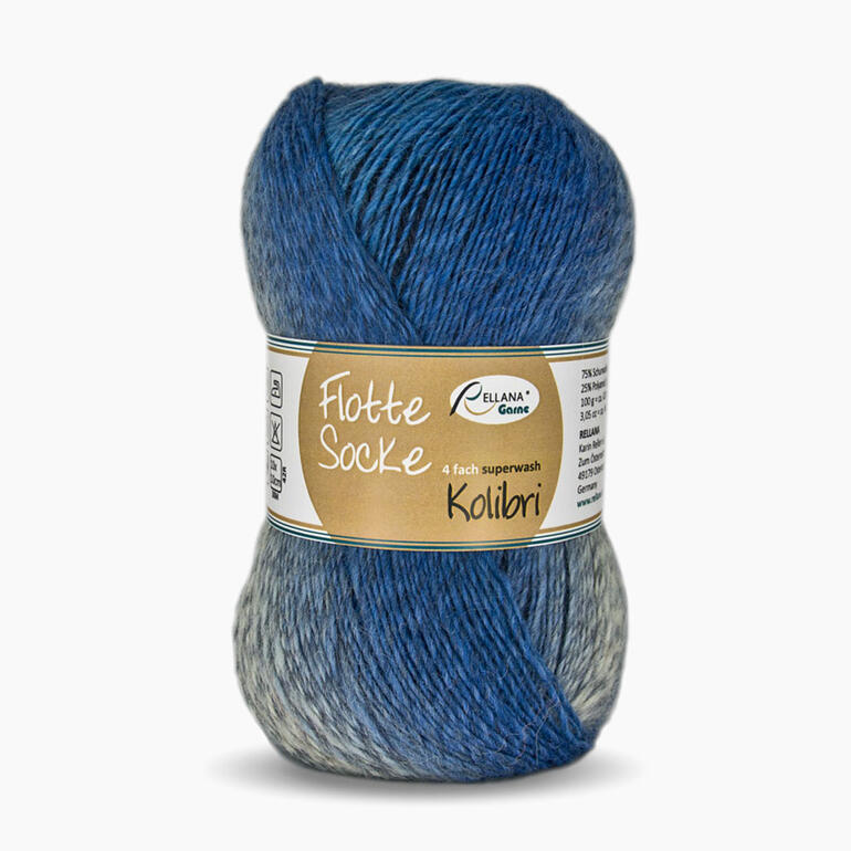 Sockenwolle Flotte Socke 4-fach Kolibri in Blau/Türkis von Rellana, in runder Form präsentiert.