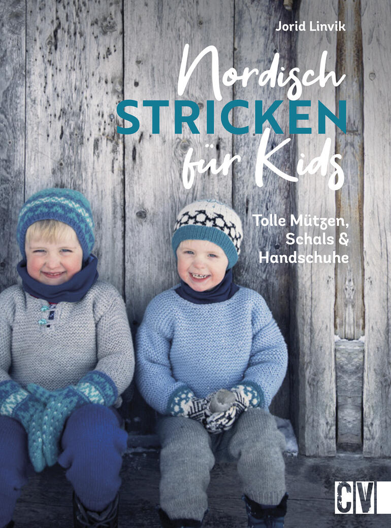 Buchcover von 'Nordisch stricken für Kids' mit zwei Kindern in warmen Mützen vor einer Holzwand