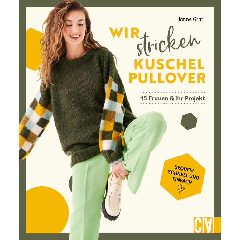 Buchcover von 'Wir stricken Kuschelpullover' mit einer Frau in einem gemusterten Pulli und lässiger Kleidung