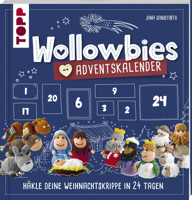 Buch 'Wollowbies Adventskalender' mit gehäkelten Figuren und Anleitungen.