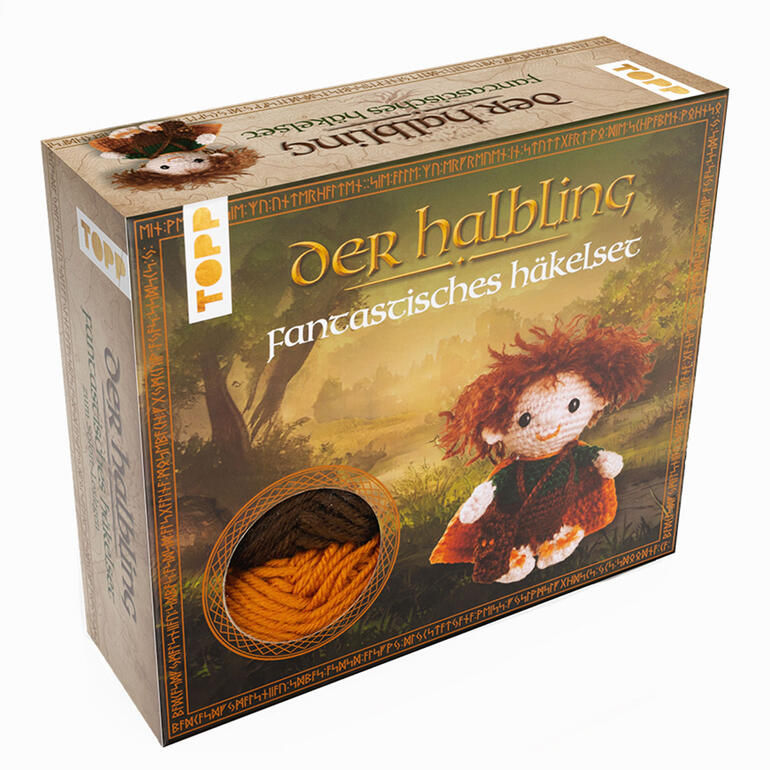 Verpackung des fantastischen Häkelsets Halbling mit Bild des gehäkelten Charakters.