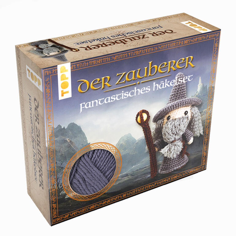 Verpackung des fantastischen Häkelsets Zauberer mit Bild des gehäkelten Charakters.
