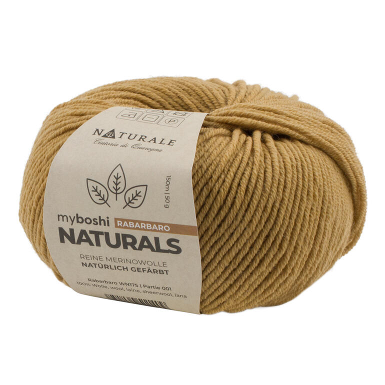 Garn Naturals von myboshi in der Farbe Rabarbaro, warmes Gelb und einladend.