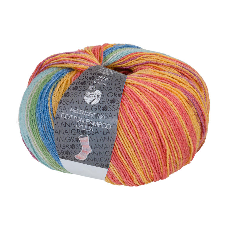 Buntes Wollknäuel in Rot, Orange, Gelb und Blau für Sockenwolle.