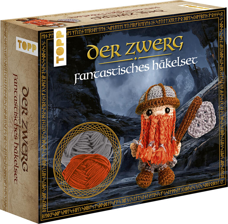 Fantastisches Häkelset Zwerg mit Anleitung und Materialien.