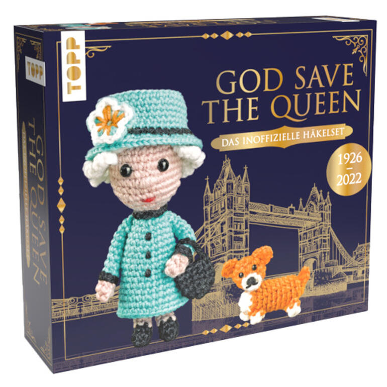 Häkelset 'God save the Queen' mit Anleitung und Materialien.