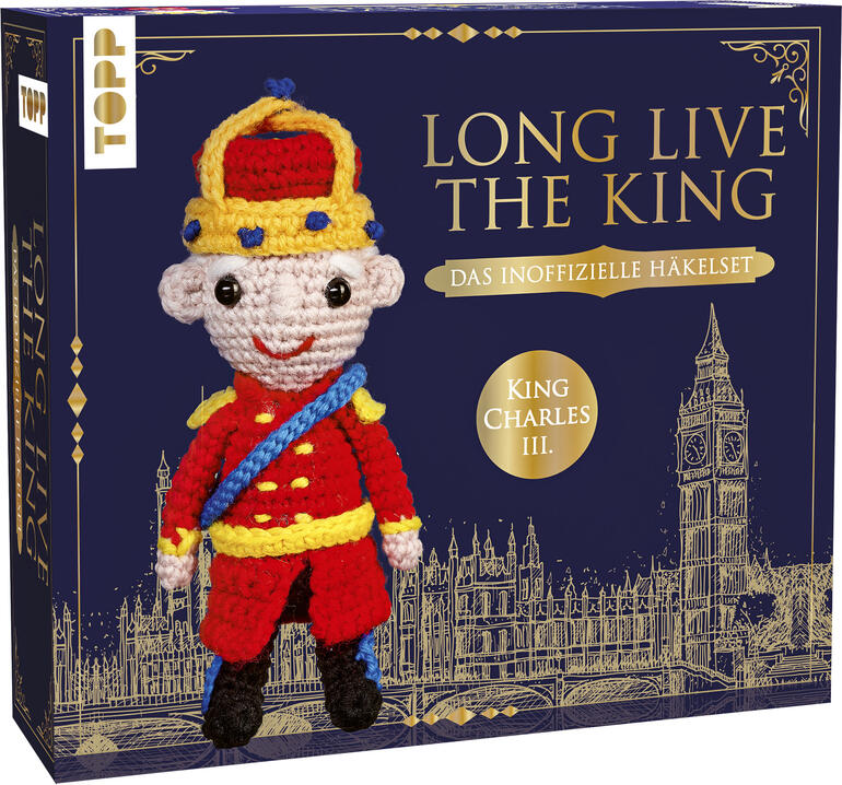Häkelset 'Long live the King' mit Anleitung und Materialien.