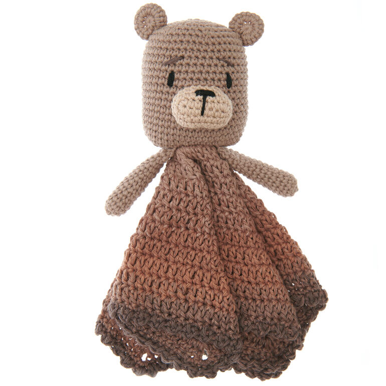 Häkelset Ricorumi Baby Blankies Teddy mit einem gehäkelten Teddy.