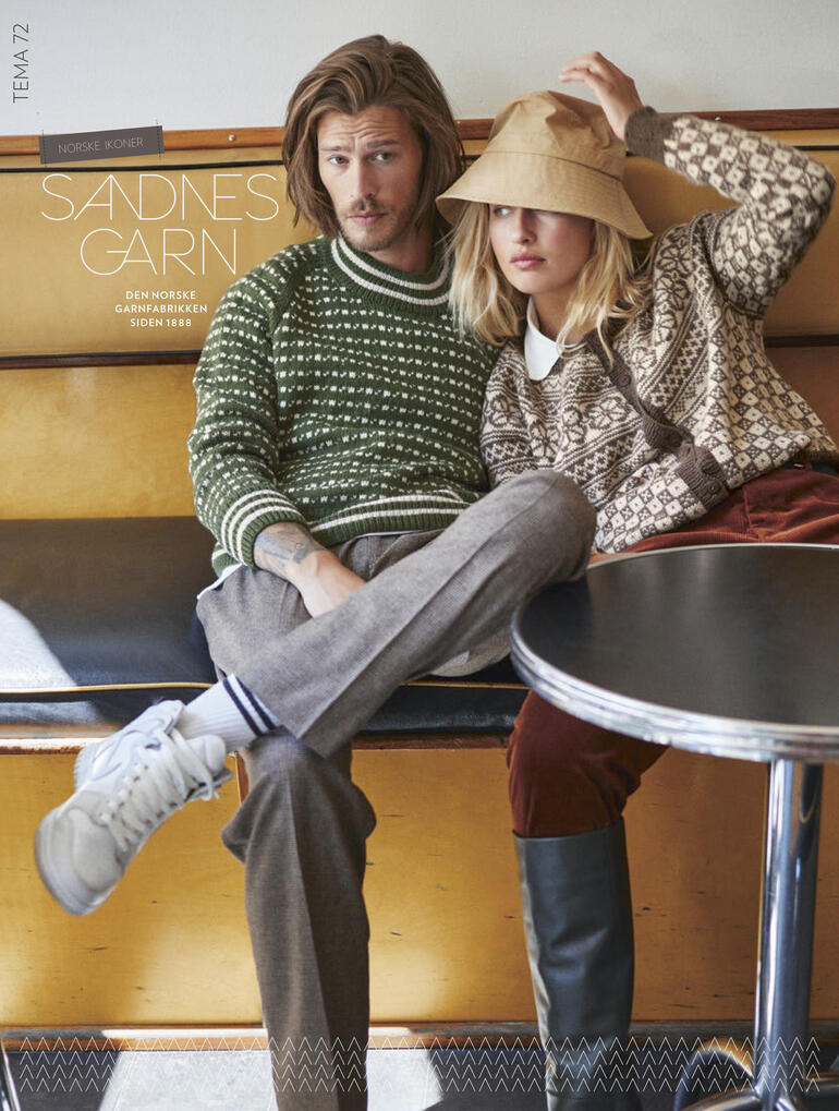 Heft Tema 72 mit zwei Personen in stylischen Pullovern aus Sandnes Garn in einem Café.