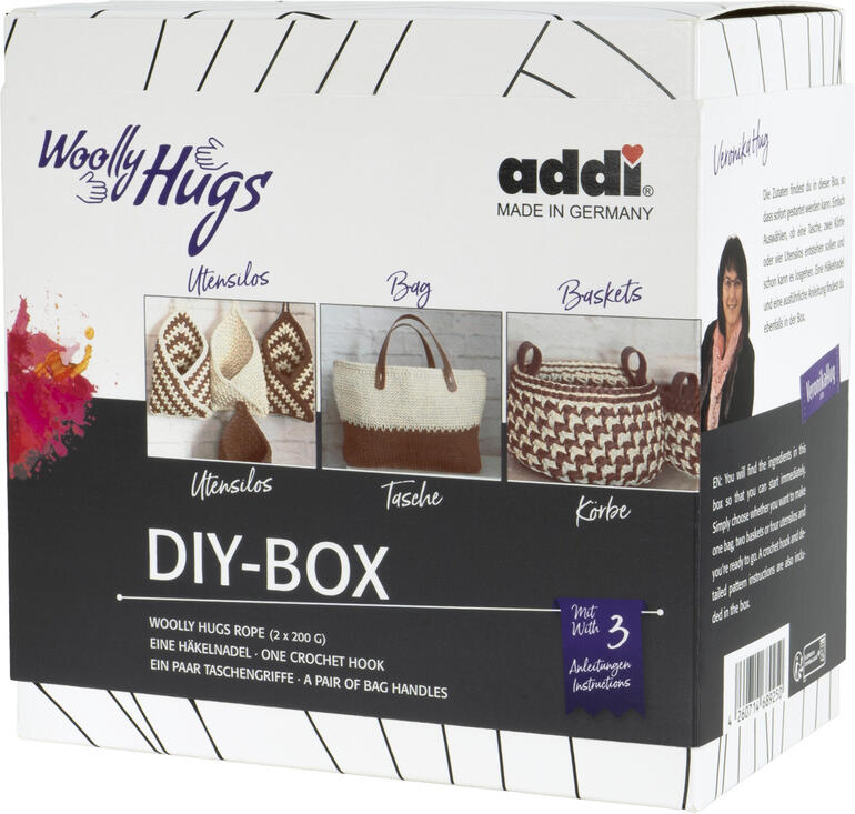 Woolly Hugs - DIY Box enthält Materialien zum Basteln von Taschen und Körben.