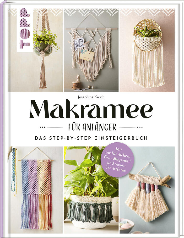 Buchcover 'Makramee für Anfänger' mit verschiedenen Makramee-Projekten.