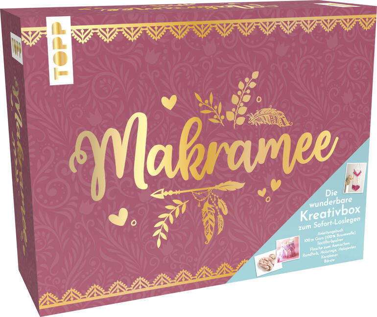 Verpackung der 'Makramee - Die wunderbare Kreativbox' in rosanem Design.