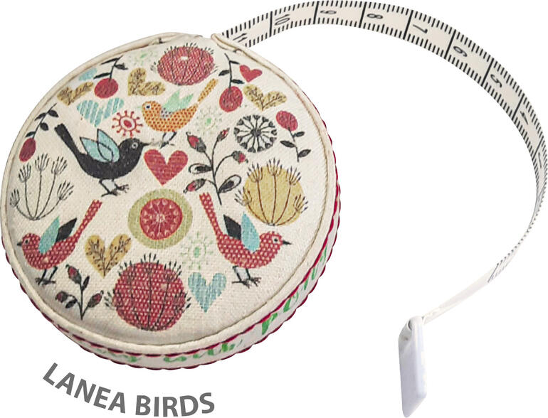 Rollmaßband in runder Form mit Vogel-Motiv 'Lanea Birds'.