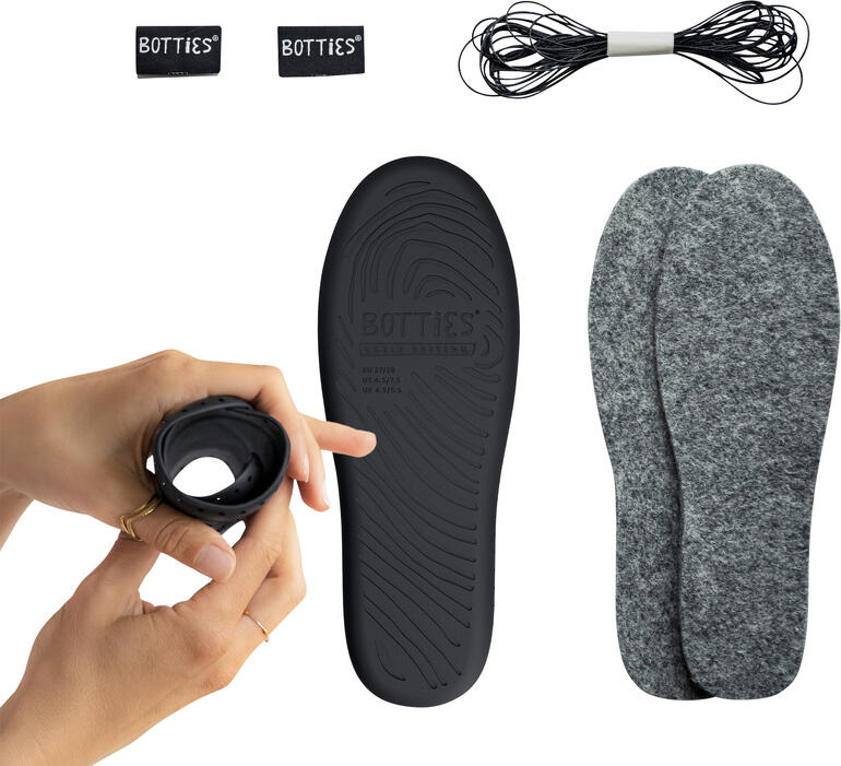 Botties®-Set Basic Edition mit Einlegesohlen, Schnürsenkeln und Zubehör.