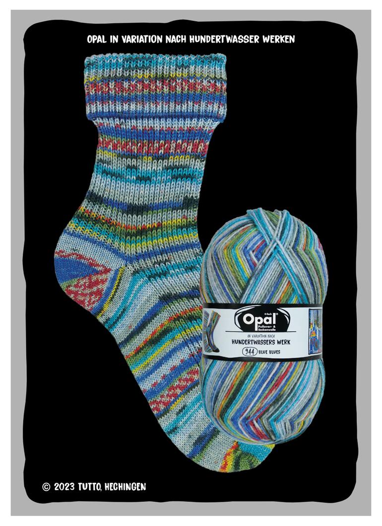 Bunte Socken mit passender Wolle in Variation nach Hundertwasser-Werken.