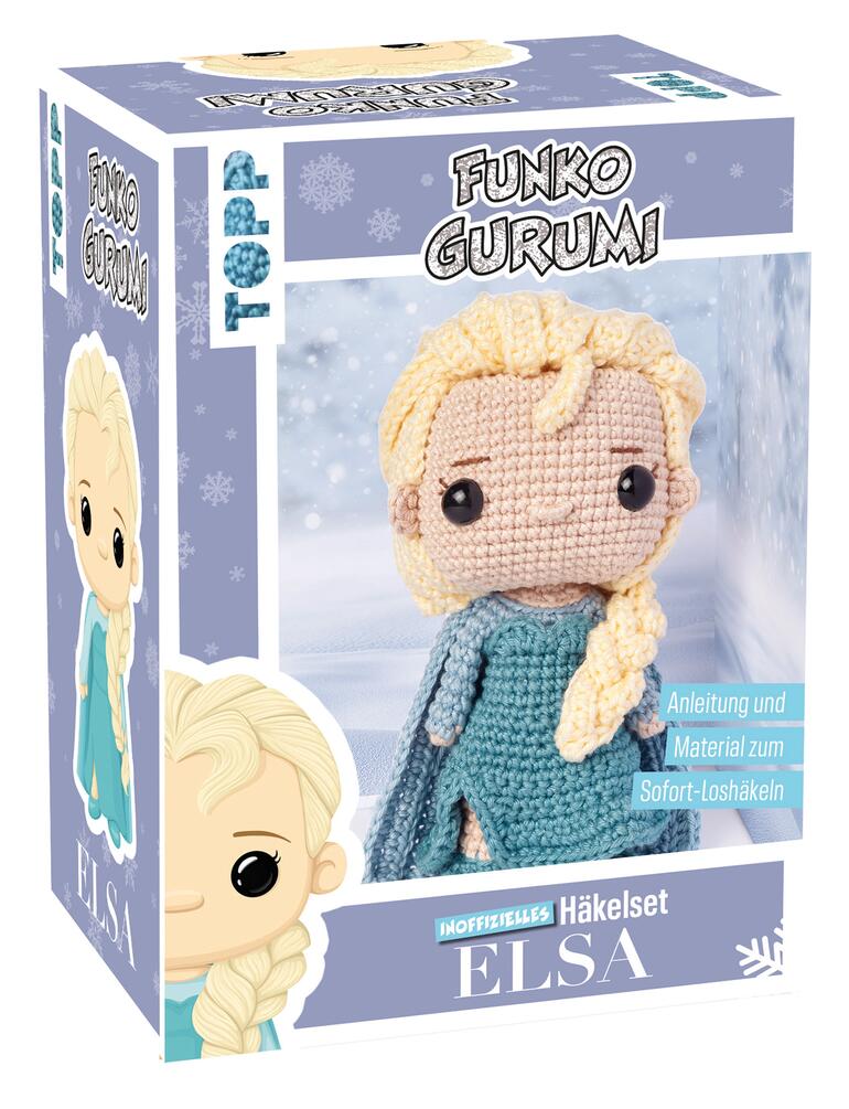 Verpackung des Häkelsets 'Funkogurumi Elsa', zeigt ein gehäkeltes Elsa-Spielzeug.