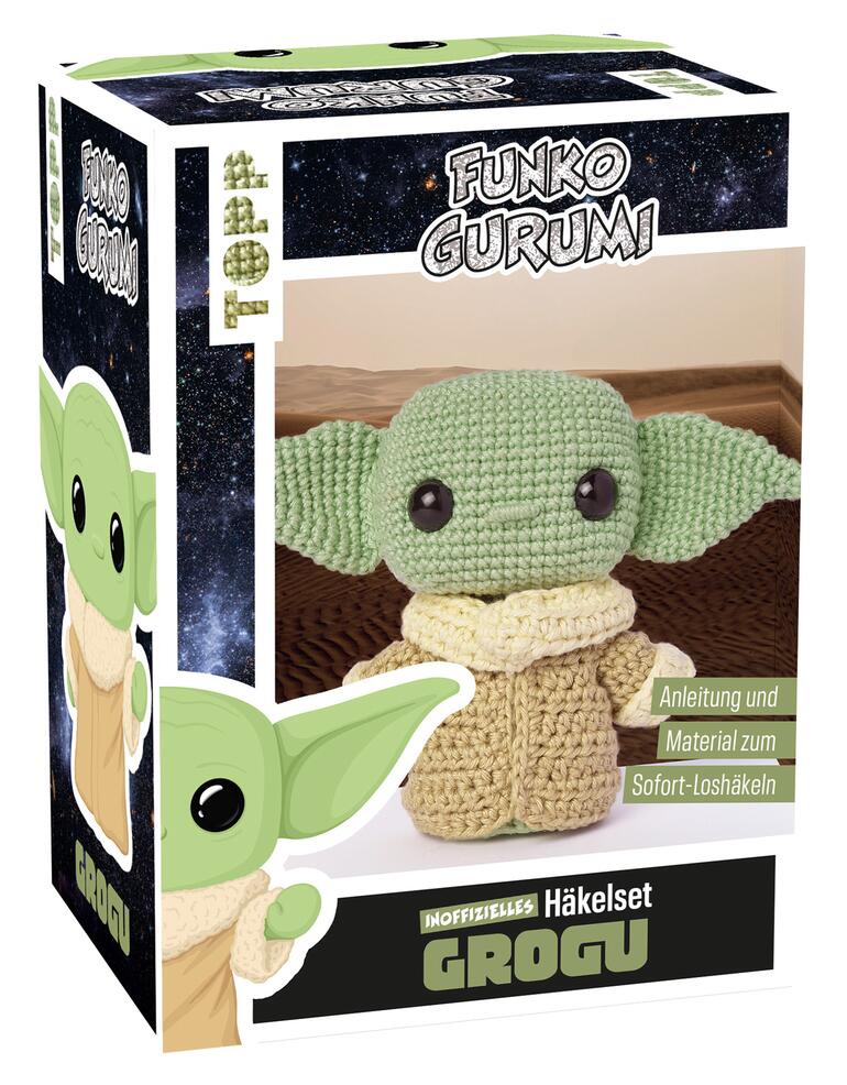 Verpackung des Häkelsets 'Funkogurumi Grogu', zeigt ein gehäkeltes Grogu-Spielzeug.