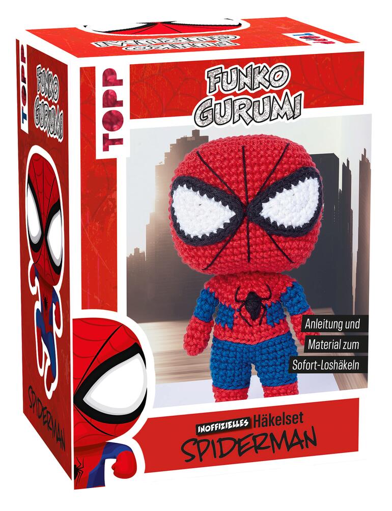 Spiderman Häkelset in Verpackung mit Figur und Anleitung.
