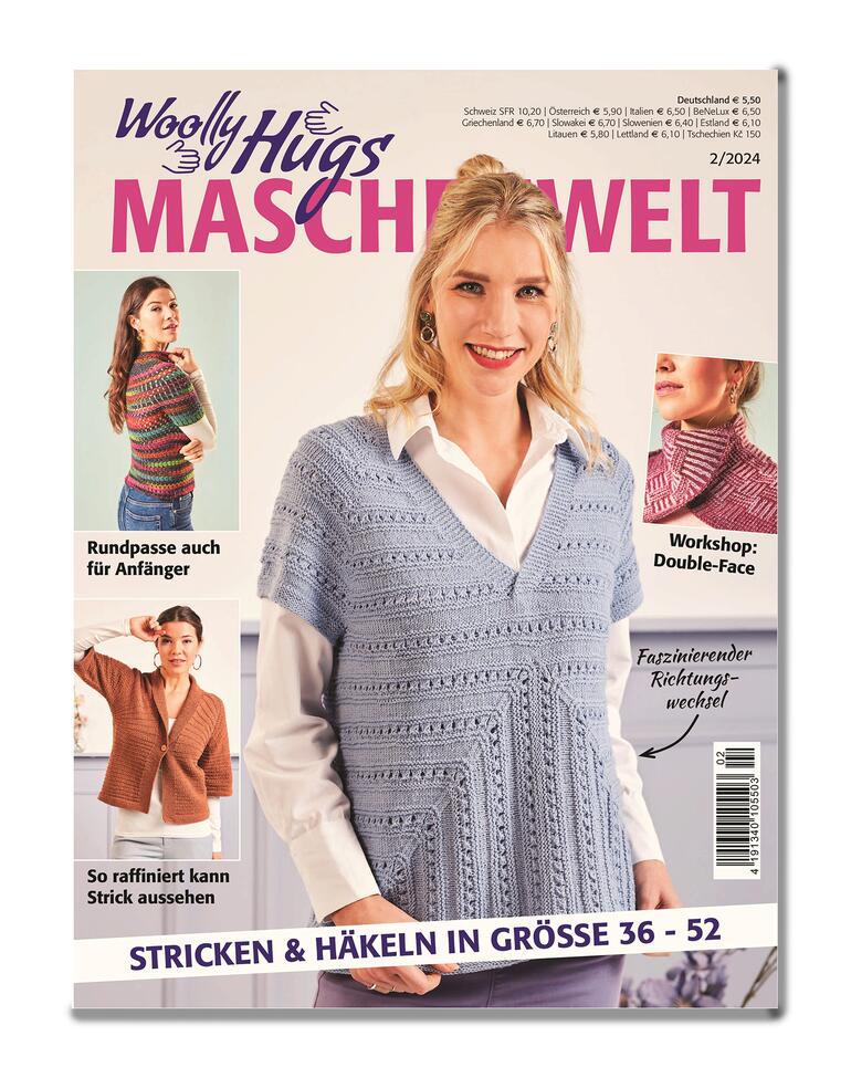 Heft Woolly Hugs Maschenwelt 02/24 mit Anleitungen für Stricktechniken