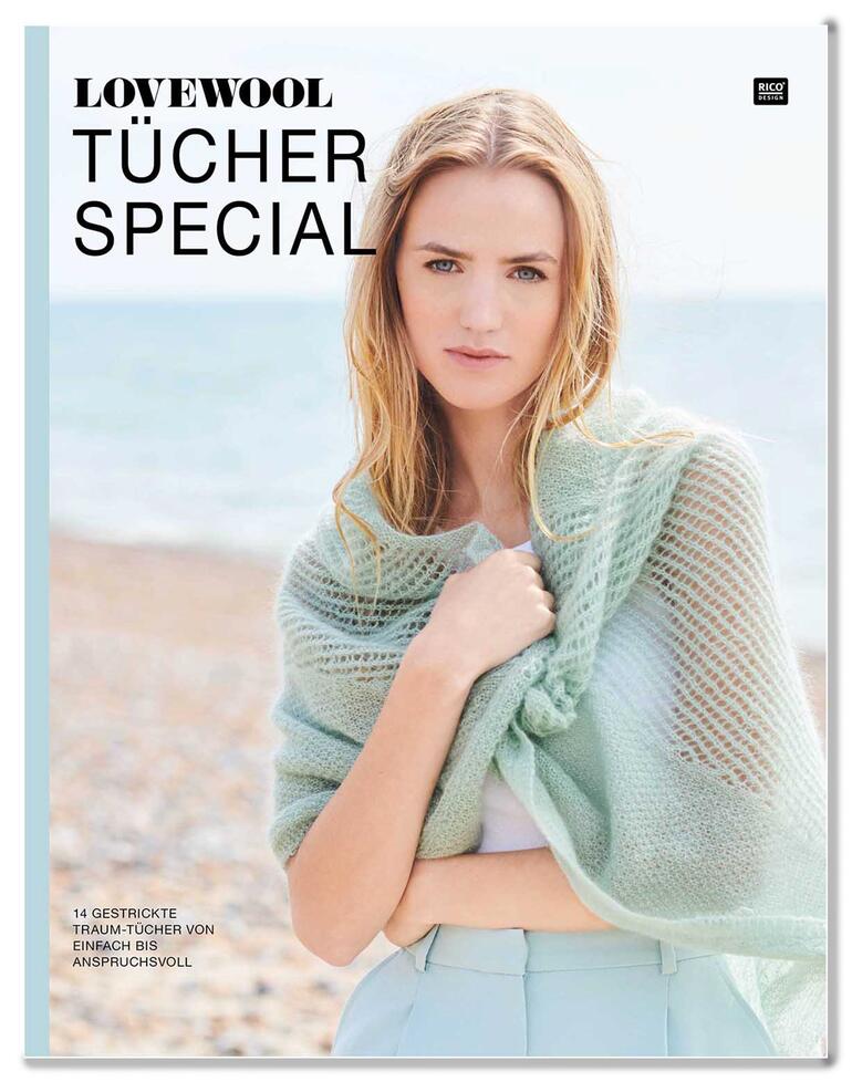 Cover des Heftes 'Lovewool Tücher Special' mit einer Frau in einem grünen Schal.