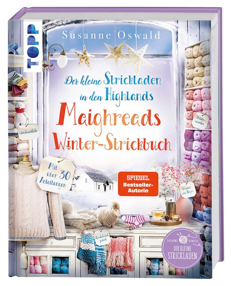 Buch 'Der kleine Strickladen in den Highlands' mit Anleitungen für Winterstrickprojekte.