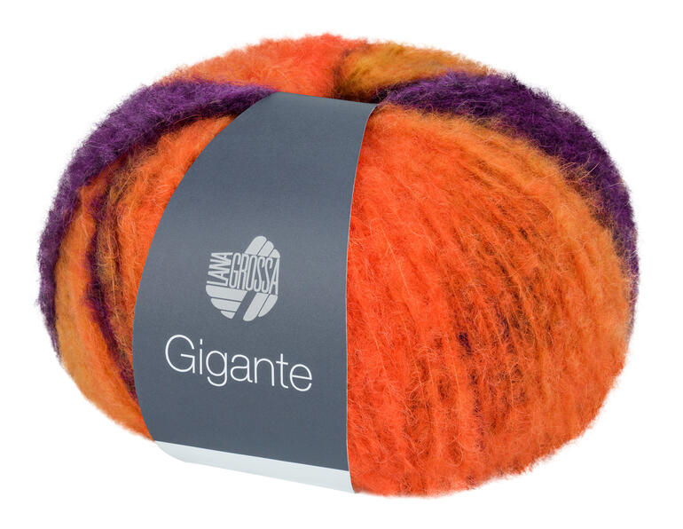 Gigante von Lana Grossa, mehrfarbiges Garn in Dunkelviolett, Gelb und Orange.