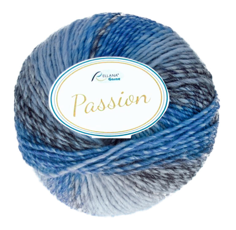 Knäuel Passion von Rellana in Blautönen mit grauen Akzenten.