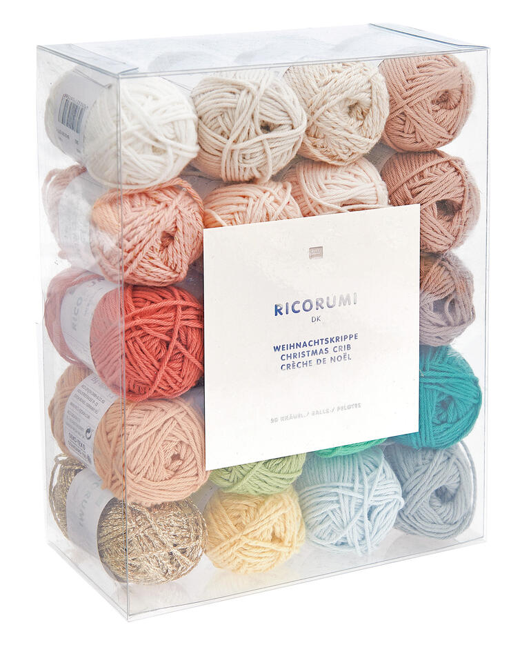 Garnset für eine Weihnachtskrippe in einer durchsichtigen Verpackung.