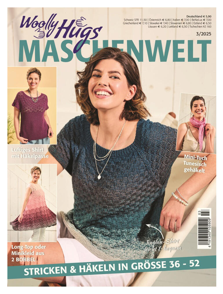 Heft Woolly Hugs Maschenwelt 04/25 mit verschiedenen Strickprojekten