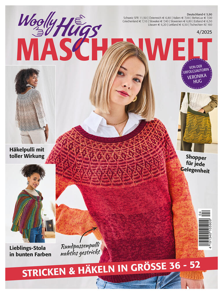 Heft Woolly Hugs Maschenwelt 04/2025 mit Modellen und Anleitungen für Strick- und Häkelprojekte.