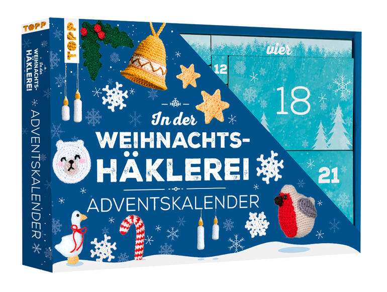 Adventskalender für Weihnachts-Häkeleien mit buntem Design und verschiedenen Motiven.