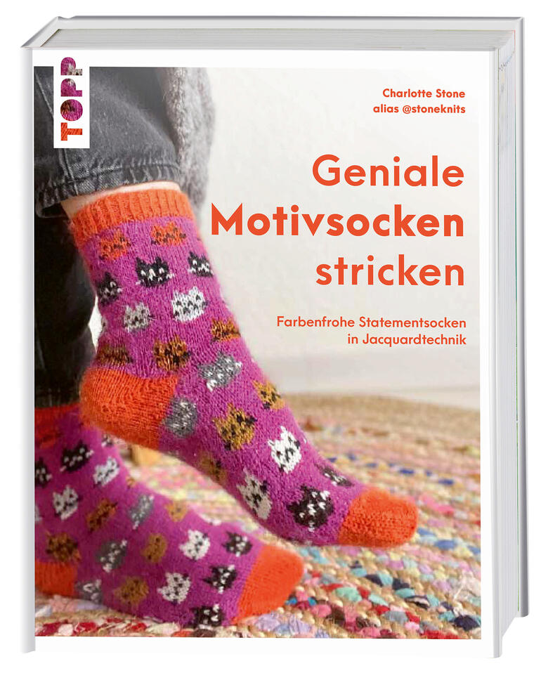Buchcover mit Titel 'Geniale Motivsocken stricken' und bunten Socken in Katzenmotiven.