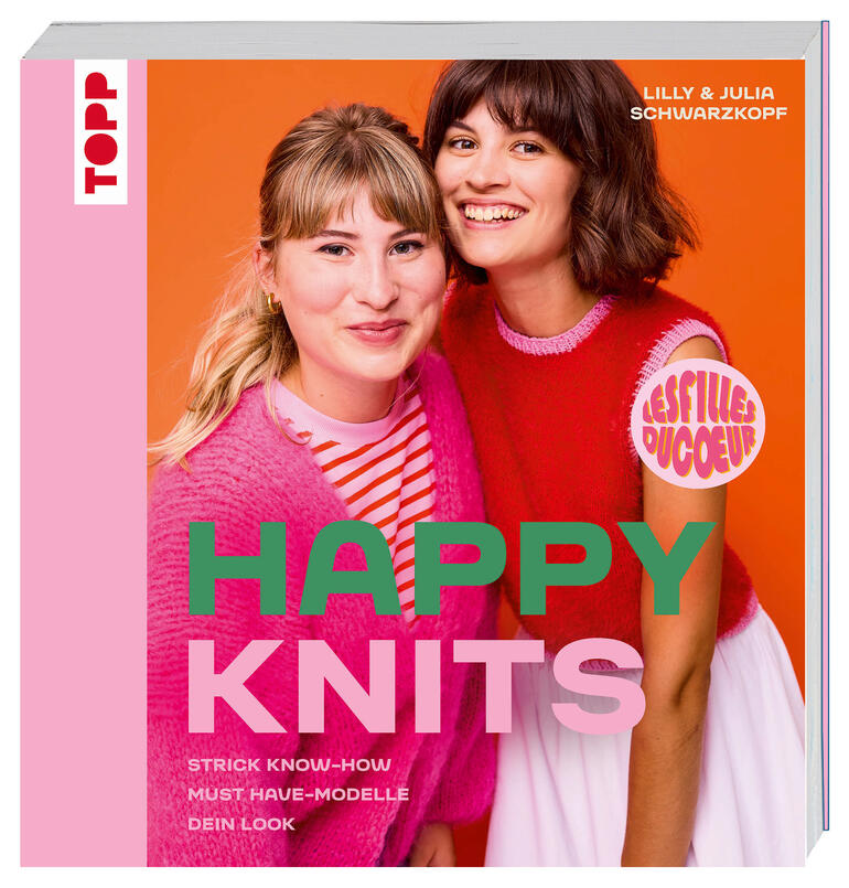 Buchcover 'Happy Knits' mit zwei strickenden Frauen in bunten Outfits.